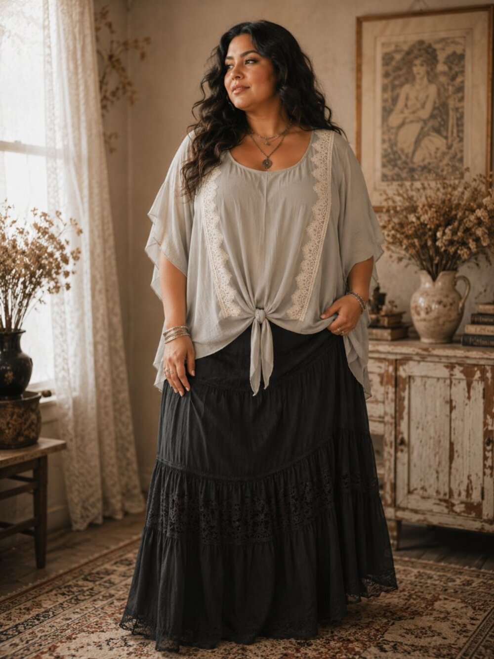 ALYX Boho Lace Trim Tie Front Blouse